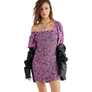 Free People Smock It To Me Shirred Mini Dress in Purple Multi Size Small